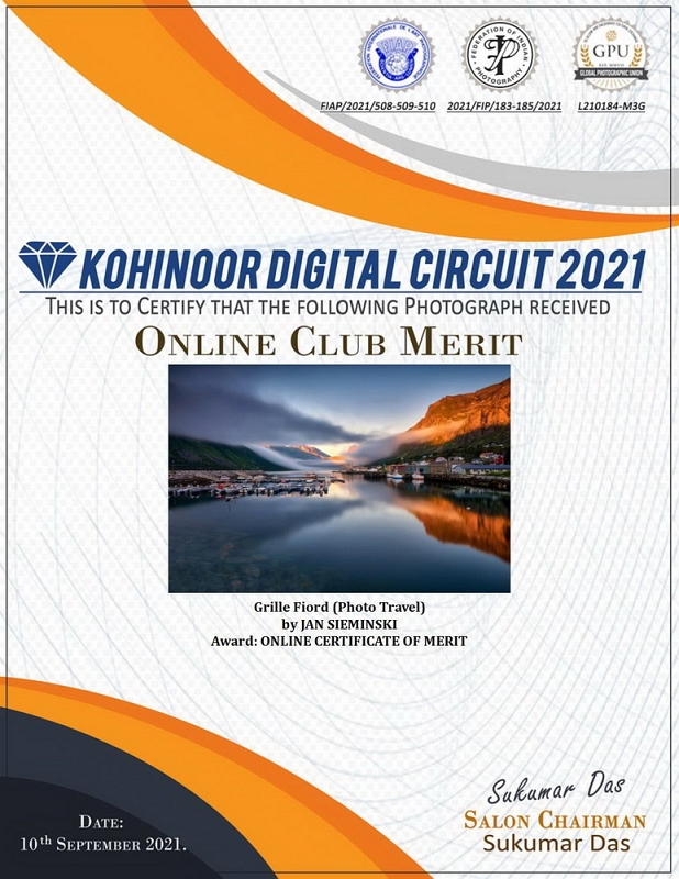 Grile Fiord ONLINE CERTIFICATE OF MERIT.JPG - Pazdziernik 2021 fotografia "Grille Fiord" nagrodzona wyroznieniem ONLINE CERTIFICATE OF MERIT w konkursie KOHINOOR DIGITAL CIRCUIT 2021 , konkurs pod patronatem FIAP