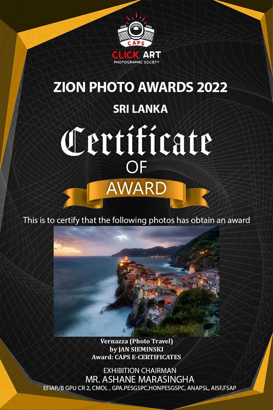 JAN SIEMINSKI_1_04_03.JPG - Luty 2022, fotografia VERNAZZA została nagrodzona CAPS E_CERTIFICATES w konkursie ZION PHOTO AWARDS w Sri Lance, konkurs pod patroanatem FIAP oraz PSA