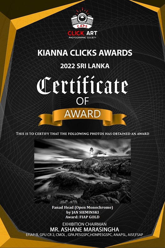 JAN SIEMINSKI_Złoty Fiap.JPG - Czerwiec 2022, w konkursie KIANNA CLICKS AWARDS 2022 SRI LANKA pod patronatem FIAP, fotografia "FANAD HEAD" zdobyła FIAP Gold