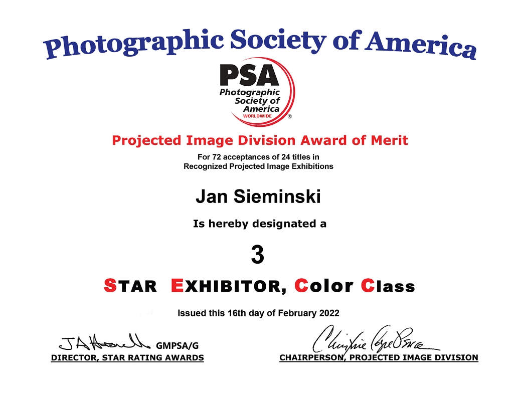Jan Sieminski PIDC Star 3 certificate kopia.jpg - Podsumowanie osiagniec w kategorii Open Colour, nagrodzone trzema gwiazdkami -  mozliwosc ubiegania sie o tytuł PPSA w organizacji fotograficznej  Photographic Society of America