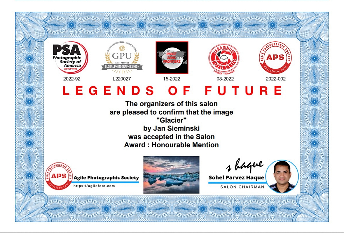LEGEND OF FUTURE Glacier HONURABLE MENTION kopia.jpg - Marzec 2022 fotografia GLACIER otrzymala nagrode Hounourable Mention w konkursie LEGENDS OF FUTURE w Bangaladesz