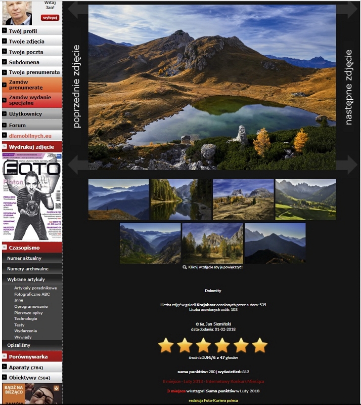 Luty 2018 II miejsce FK.jpg - Seria "Dolomity" Włochy.....luty 2018 seria zdjęc "Dolomity" zajęła drugie miejsce w konkursie na zdjecie  miesiaca lutego, na portalu Foto Kurier  http://www.foto-kurier.pl/galerie/profil,2925,265006,dolomity.html