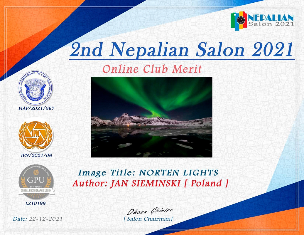 NORTEN LIGHTS_compressed kopia.jpg - 24 listopad 2021, fotografia "NORTHEN LIGHT" Norwegia, otrzymała medal CLUB MERIT w konkursie 2ND Nepalian Salon w Nepalu, konkurs pod patronatem FIAP