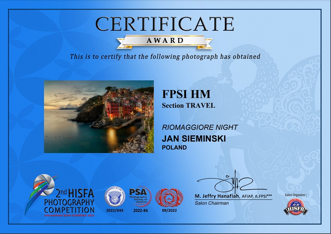 Riomaggiore Night 2022 HISFA   Indonesia FPSI HM kopia.jpg - Luty 2022 w konkursie HISFA_Indonezia fotografia RIOMAGGIORE NIGHT zdobyła FPSI Honorable Mention
