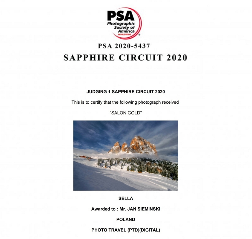Sella złoto Sappire.jpg - Styczen 2021 fotografia "SELLA" Dolomity, Włochy została nagrodzona złotym medalem w konkursie SAPPHIRE CIRCUIT 2020 Indie, pod patronatem Photographic Society of America PSA