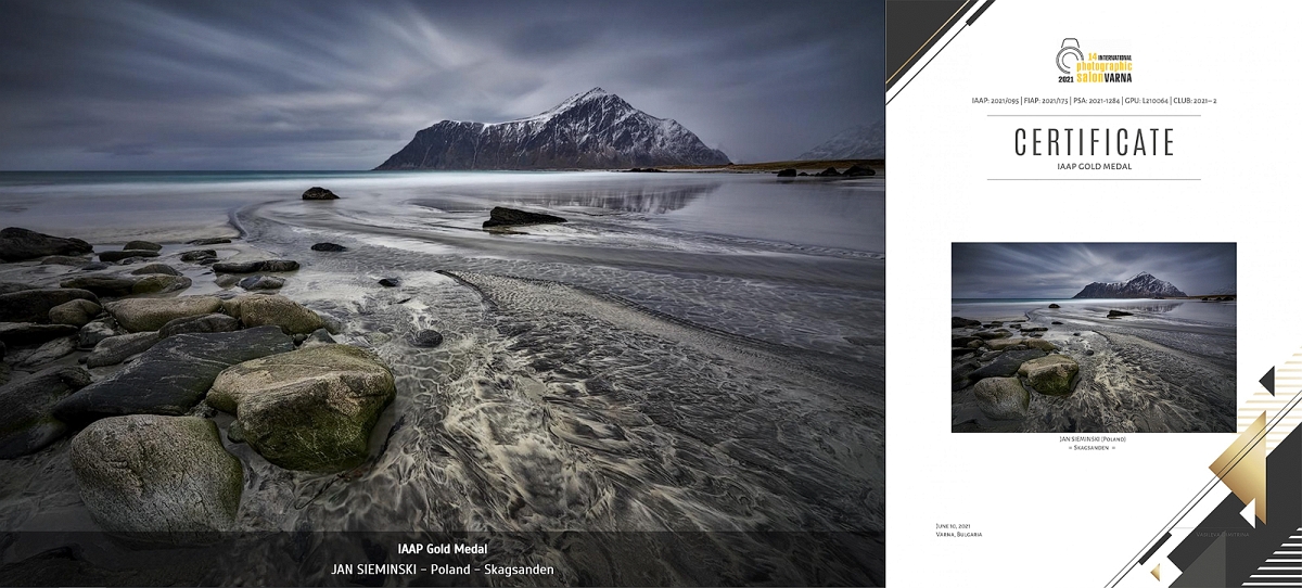Varna IAAP GOLD MEDAL a.jpg - Czerwiec 2021 w konkursie  14 International Photographic Salon Varna pod patroantem  Fédération Internationale de l'Art Photographique, moje fotografia  "Skagsanden" Norwegia otrzymała  IAAP GOLD MEDAL