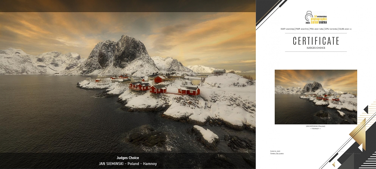 Varna Jugdes Choice a.jpg - Czerwiec 2021 w konkursie  14 International Photographic Salon Varna pod patroantem  Fédération Internationale de l'Art Photographique, moje fotografia  "Hamnoy" Norwegia otrzymała wyroznienie Jugdes Choice
