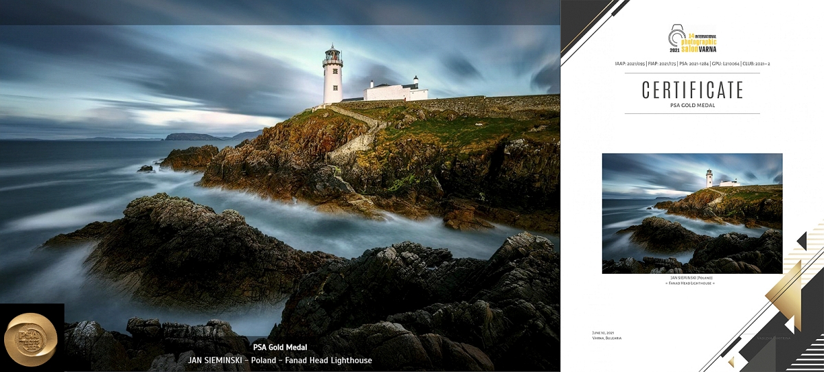 Varna PSA GOLD MEDAL a.jpg - Czerwiec 2021 w konkursie  14 International Photographic Salon Varna pod patroantem  Fédération Internationale de l'Art Photographique, moje fotografia  "Fanad Hhead Lighthouse" Irlandia  otrzymała PSA GOLD MEDAL
